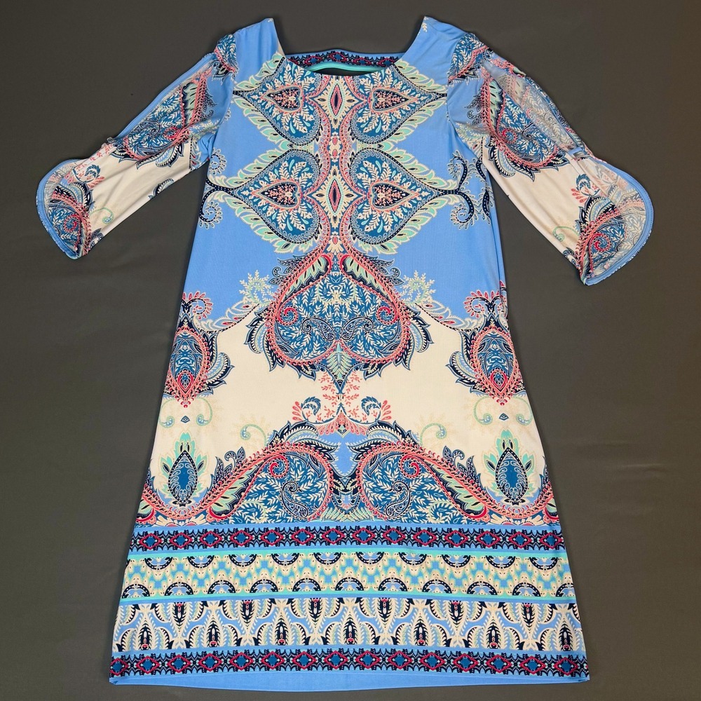 Roz & Ali Shift Dress Womens 4 Blue Paisley Cold Shoulder 3/4 Sleeve